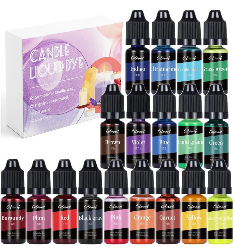 A collection of liquid candle dyes in various colors including burgundy, plum, red, black gray, pink, orange, garnet, and yel