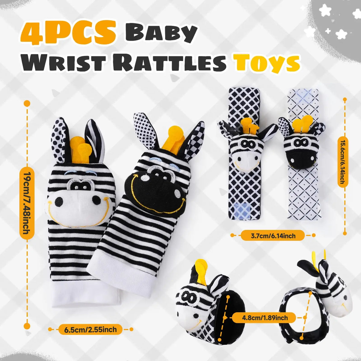 Four pieces of baby wrist rattles and foot finder socks for newborns shown in various patterns.