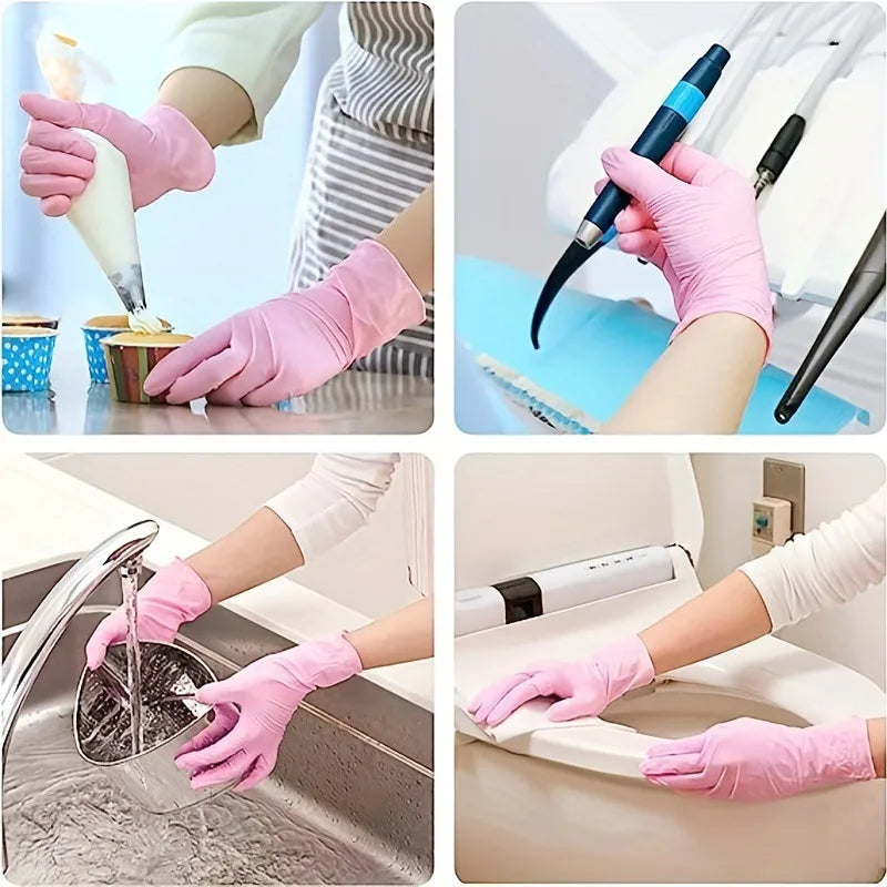 Pinke Einweg-Nitrile-Haushaltshandschuhe zum Reinigen und Handhaben.