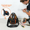 An orange and black tool pouch with a quick-release belt clip is shown next to an electrical outlet.