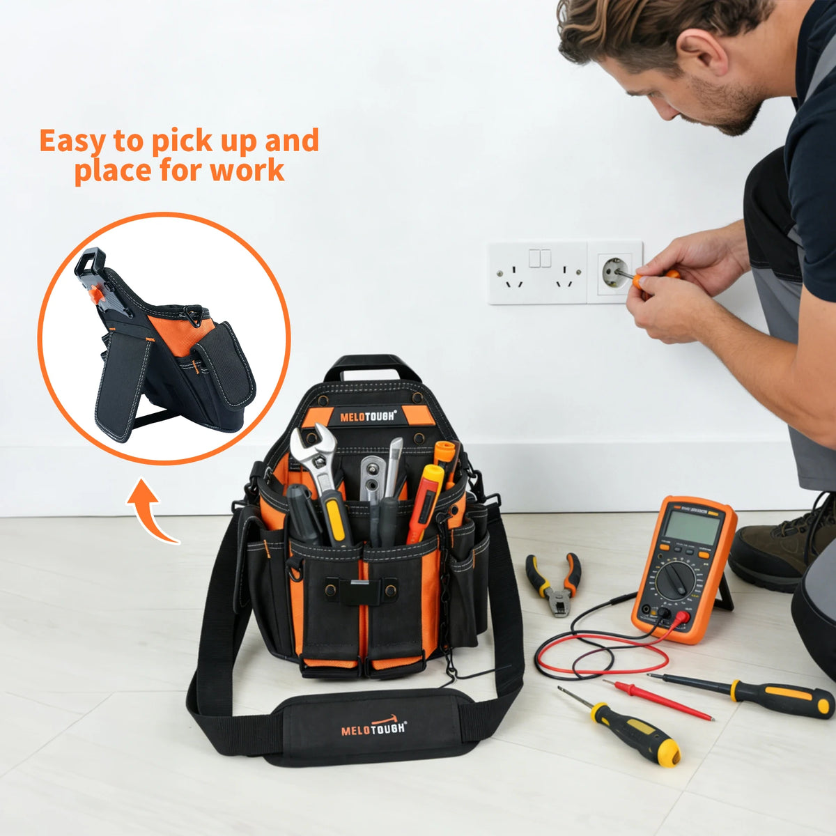 An orange and black tool pouch with a quick-release belt clip is shown next to an electrical outlet.