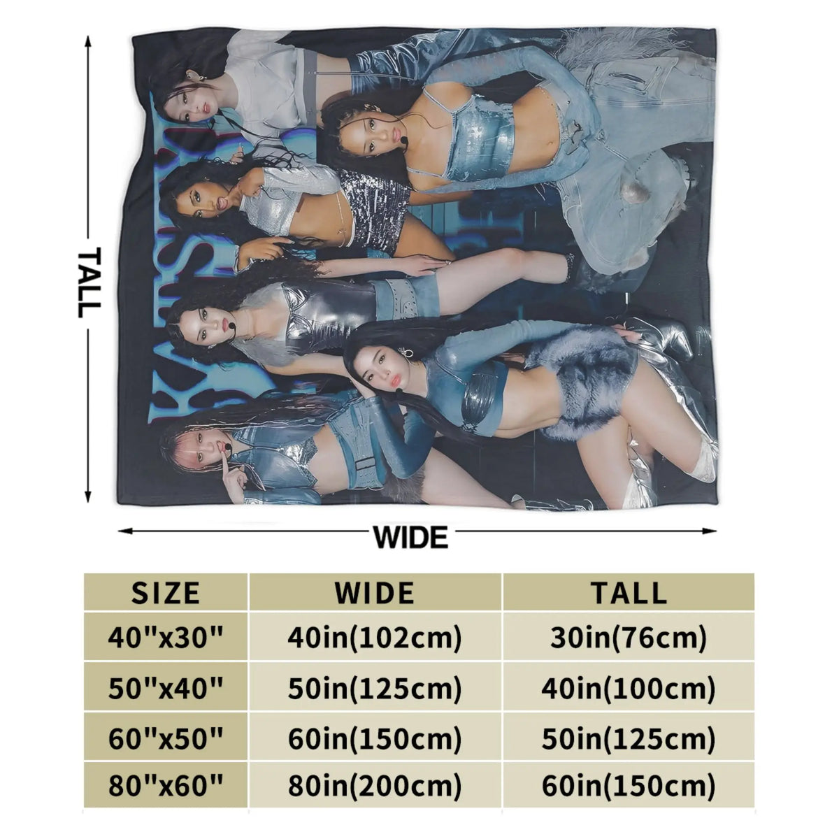A dark gray microfiber fleece throw blanket featuring a collage of women in various poses and outfits.