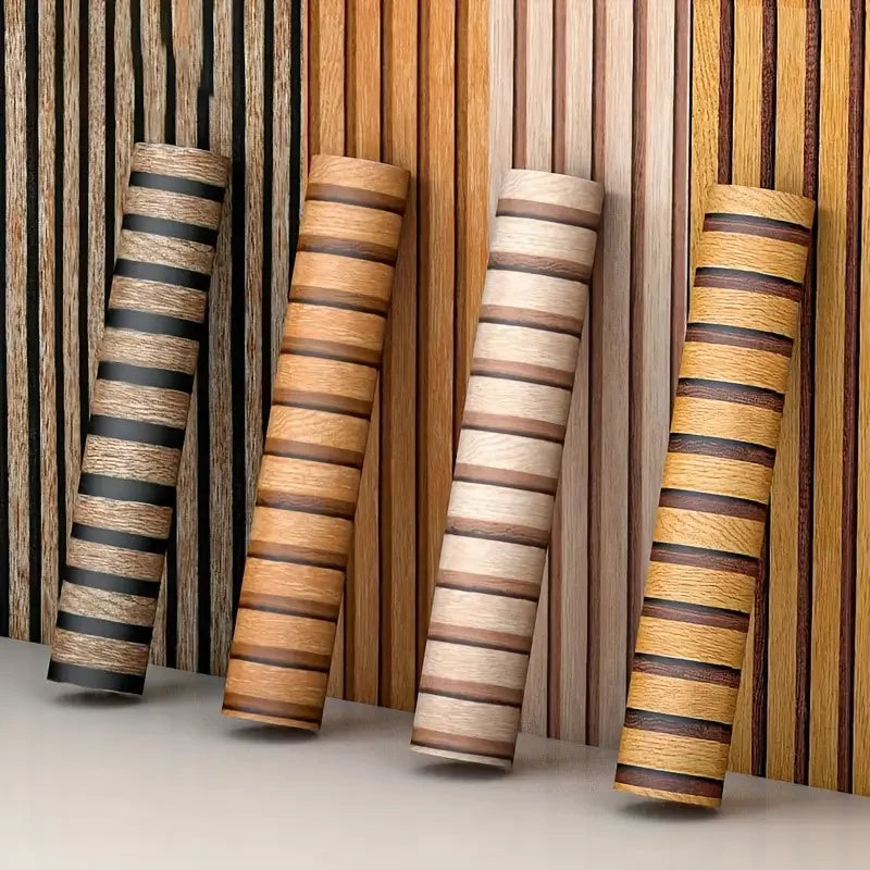 Roll of striped peel-and-stick wallpaper in brown and beige tones displayed vertically.
