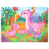 A colorful wooden jigsaw puzzle featuring pink and purple dinosaurs in a jungle landscape.