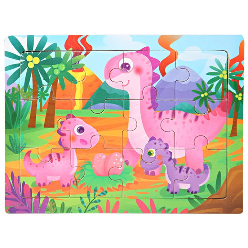 A colorful wooden jigsaw puzzle featuring pink and purple dinosaurs in a jungle landscape.
