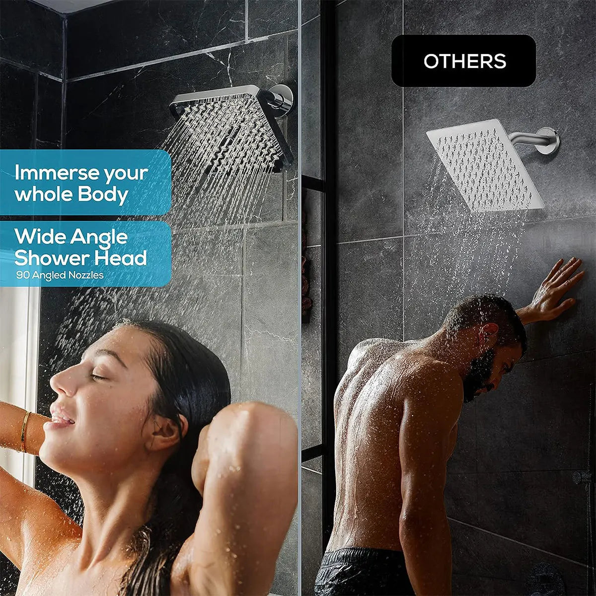 A woman is using a 6-inch high-pressure rainfall shower head with anti-clog nozzles in a modern bathroom.