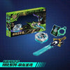 A box set of AULDEY Infinity Nado Spin Force Battle Top with Launcher featuring a character and related accessories.