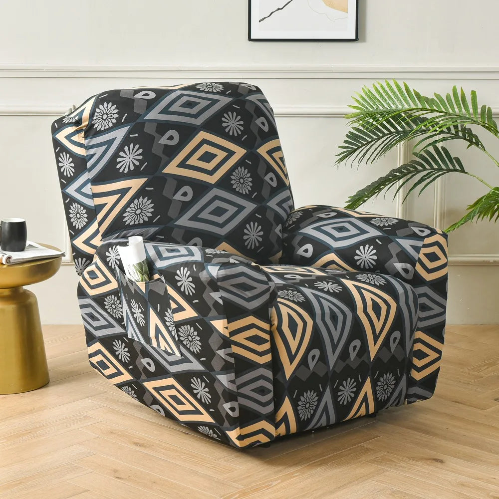 Printed Recliner Cover with Side Pocket — 4-Piece Set