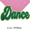 Green felt letter patch spelling 'Dance' with gold glitter outline