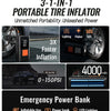 A portable tire inflator unit featuring a power bank and LED light, shown with various accessories.