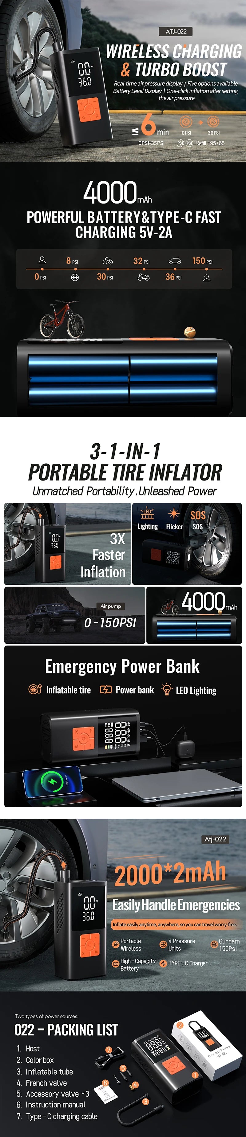 A portable tire inflator unit featuring a power bank and LED light, shown with various accessories.