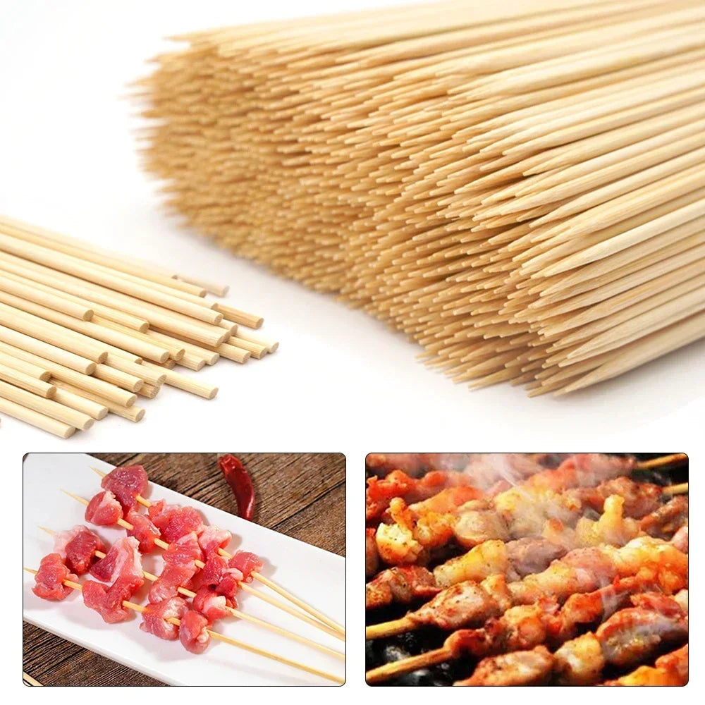 A large bundle of natural bamboo skewers for BBQ and grilling, showing various lengths and angles.
