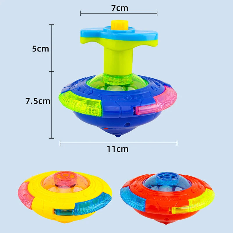 A set of glowing musical spinning tops for kids party favors in yellow, blue, and orange colors.