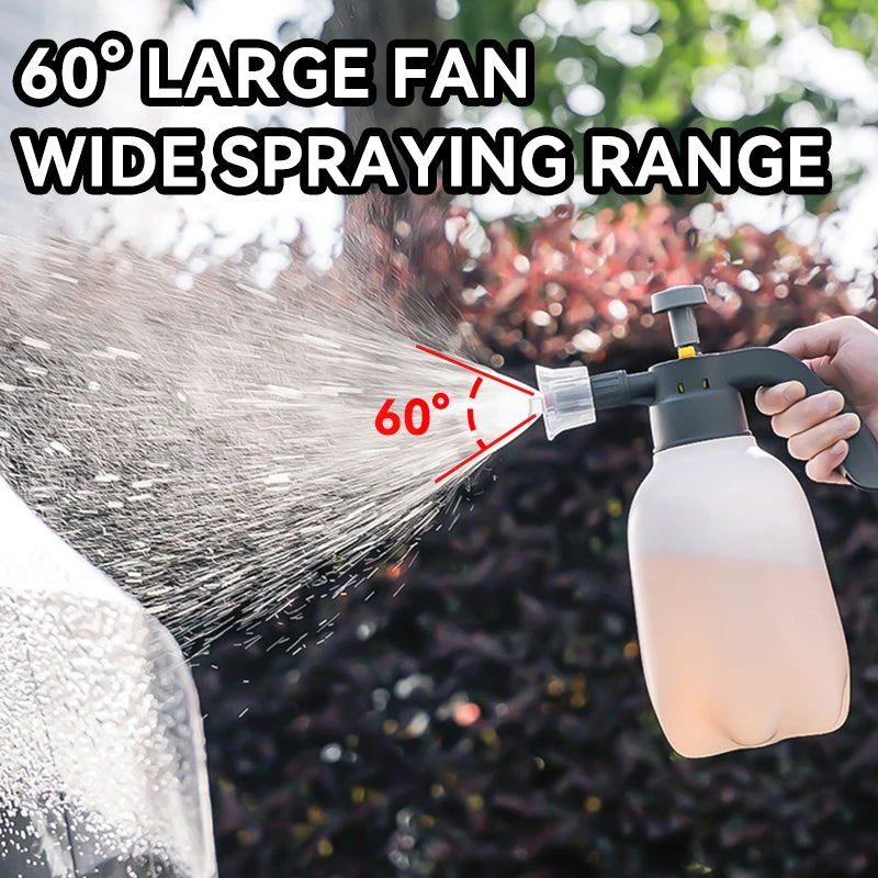 A hand pump foam sprayer is shown spraying a wide mist onto a car surface.