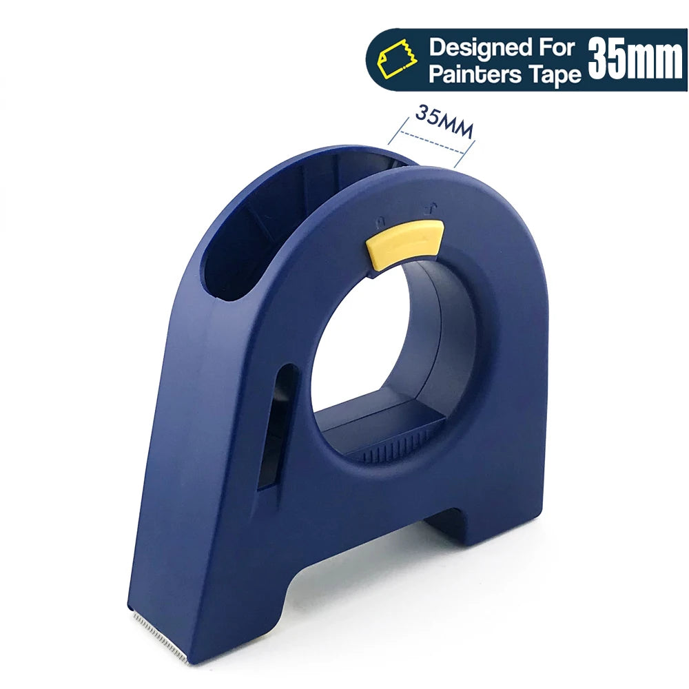A blue masking tape dispenser designed for painters tape, showing a 35mm measurement mark.