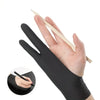 A hand wearing a black anti-touch drawing glove holds a pencil over a tablet screen.