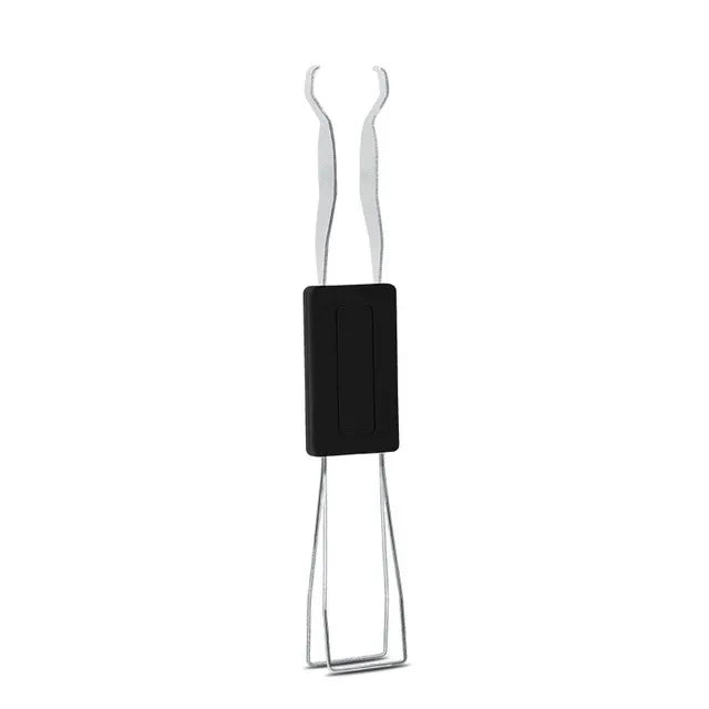 A black mechanical keyboard keycap puller and adjuster with silver metal arms.