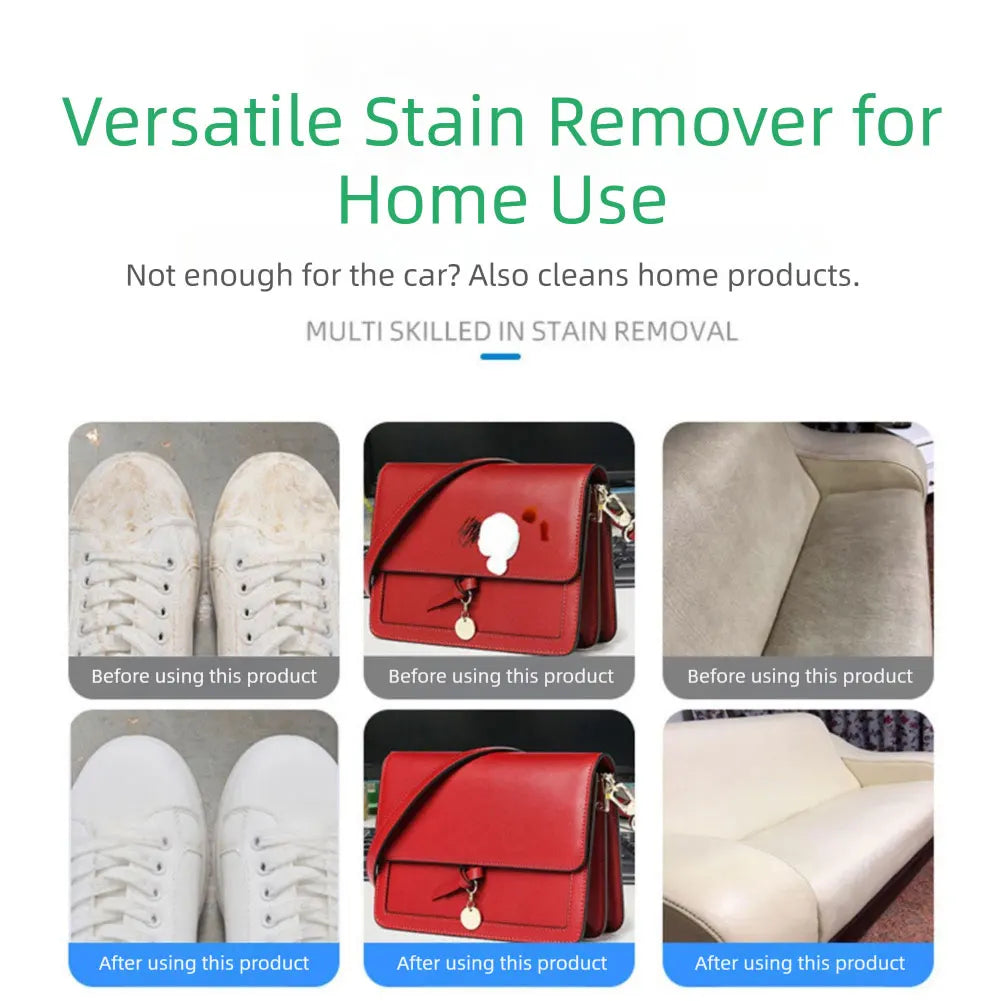 Demonstration of a versatile stain remover used on white sneakers, a red leather bag, and a beige fabric surface.
