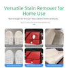 Demonstration of a versatile stain remover used on white sneakers, a red leather bag, and a beige fabric surface.