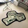 A black non-slip rug featuring printed images of US dollar bills.