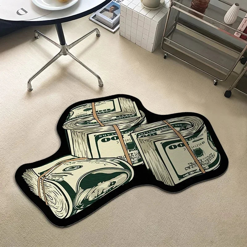 A black non-slip rug featuring printed images of US dollar bills.
