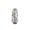 A silver threaded exhaust pipe adapter connector with multiple holes for mounting.