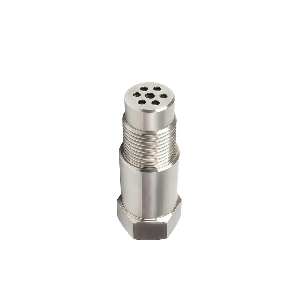 A silver threaded exhaust pipe adapter connector with multiple holes for mounting.