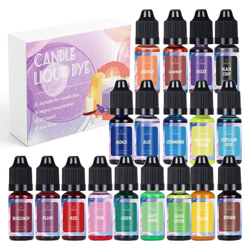 A kit of liquid candle dyes in various vibrant colors including burgundy, plum, red, pink, green, light green, yellow, and br
