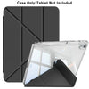 A clear protective case for a foldable iPad, shown with the tablet inside and an accompanying black cover.