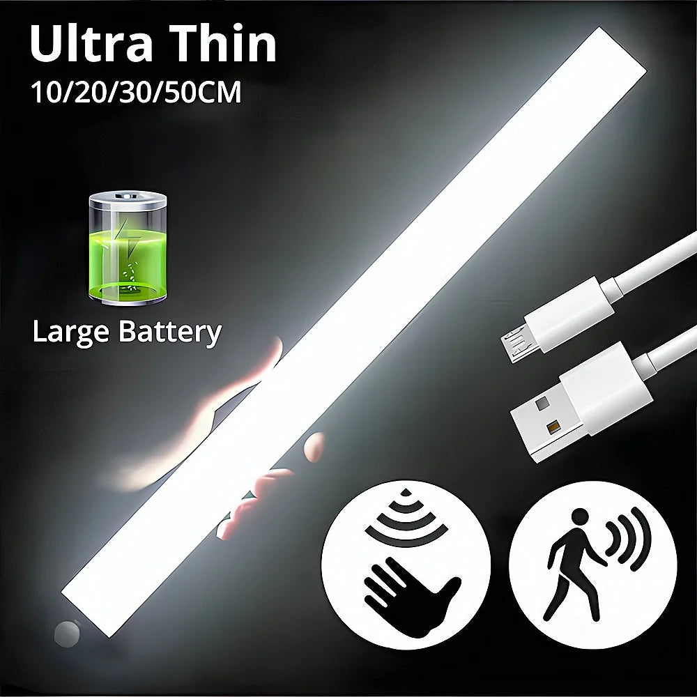 Ultra Thin LED light bar with a large battery and magnetic mount, demonstrating motion sensing functionality.