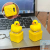 A yellow fidget keychain featuring a button and LED lights, shown next to its rechargeable battery component.
