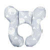 A light blue baby head and neck support pillow featuring cute animal faces and leaves.
