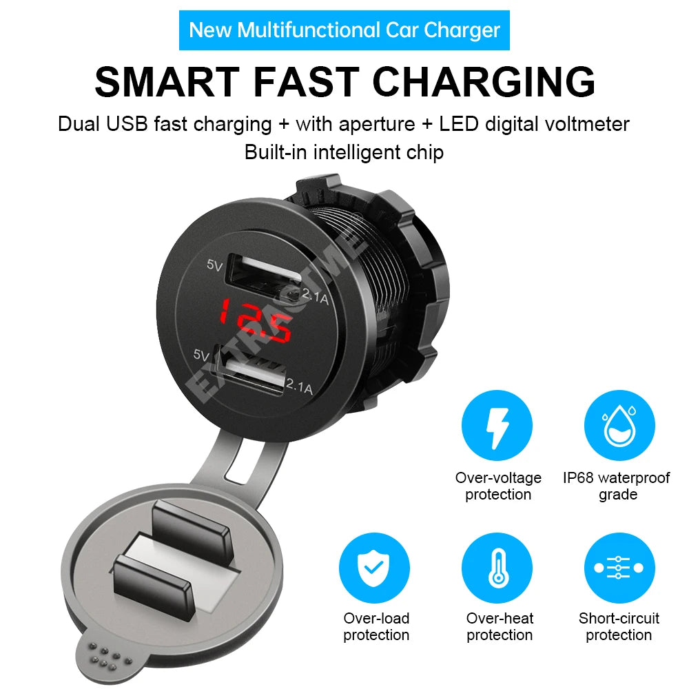Dual USB Car Charger with LED Voltmeter – Fast Charging 12V/24V