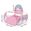 Pink foldable pop-up play tent with a window and decorative elements for children