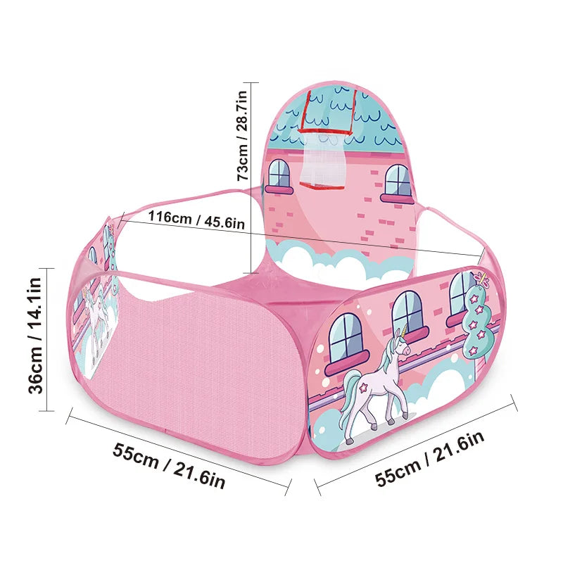 Pink foldable pop-up play tent with a window and decorative elements for children