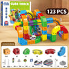 A box of 123 pieces of Cube Track building blocks and accessories for a STEM electric train set.