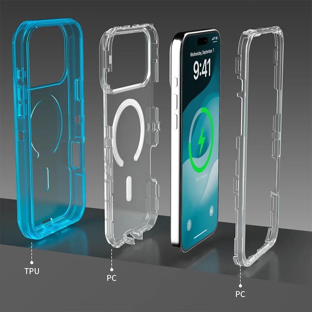 A 3-in-1 magnetic heavy-duty bumper case for a smartphone shown with its TPU, PC, and kickstand components.