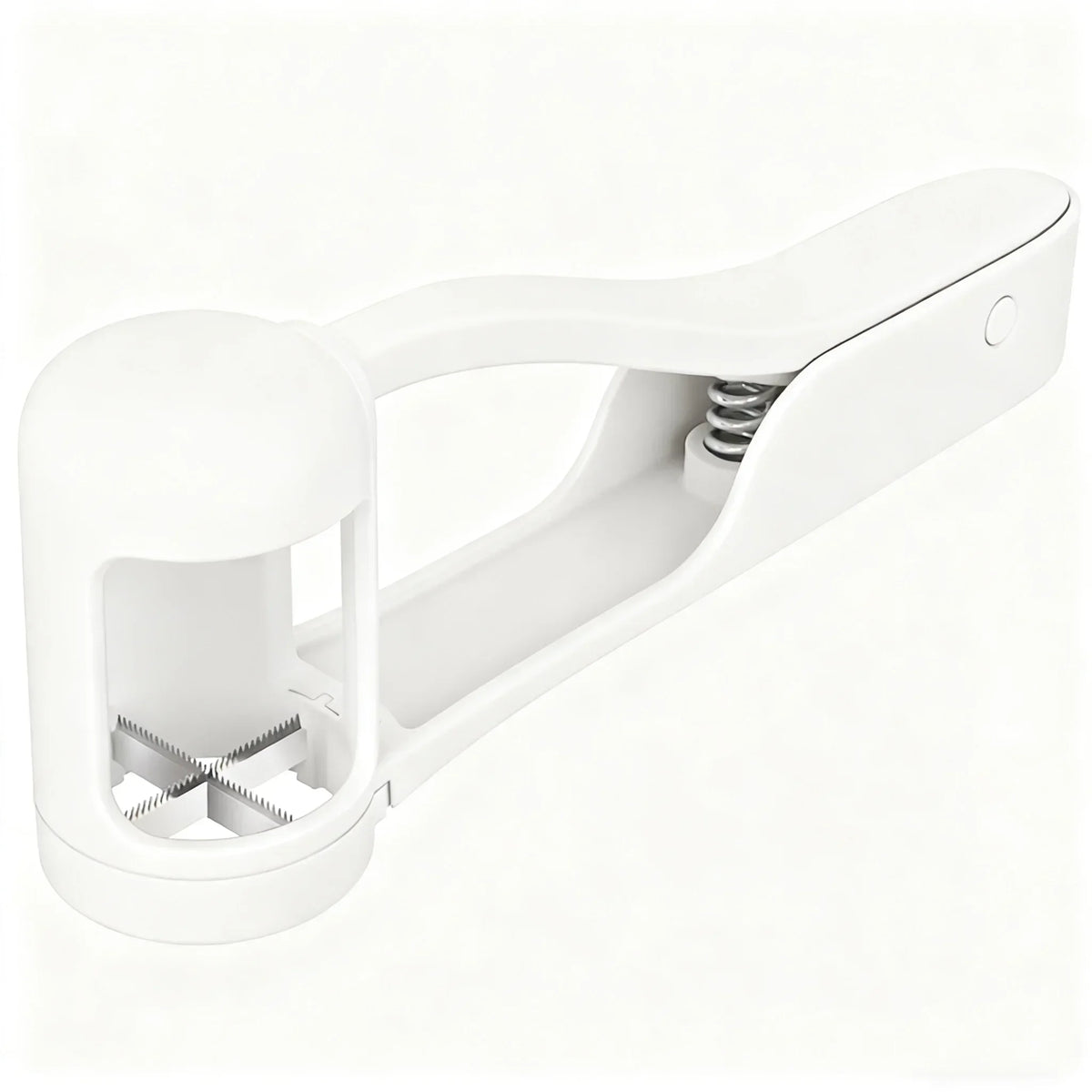 A white 4-way fruit and grape slicer tool with a handle and cutting mechanism.