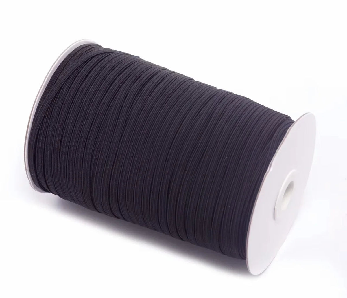A roll of black polyester elastic bands for sewing and crafts.