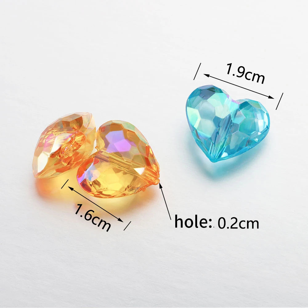 Two faceted acrylic heart beads, one yellow and one blue, shown with dimensions.