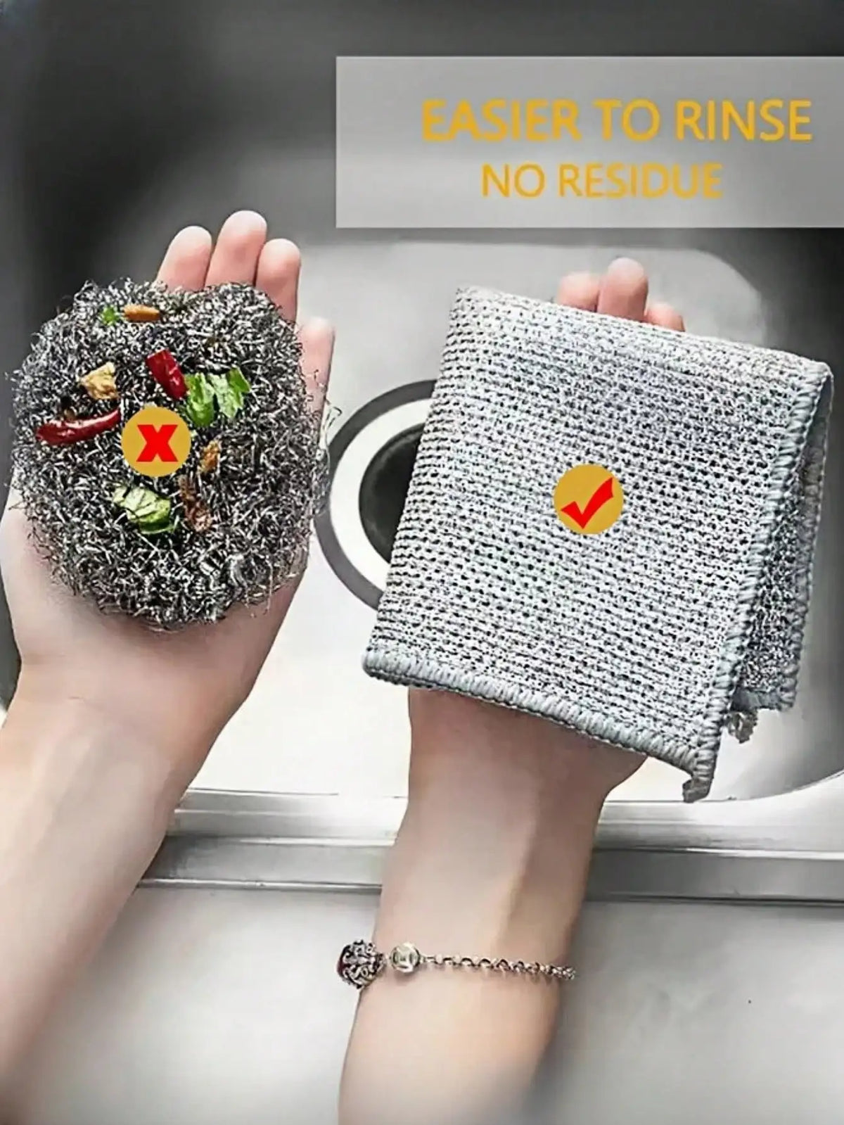A hand holds a stack of gray microfiber scouring cloths with a yellow checkmark, next to a clump of scrubbed green herbs.
