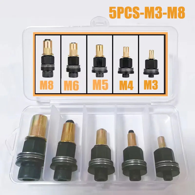 A set of five interchangeable manual rivet nut tools with M3 to M8 heads packaged in a clear plastic case.