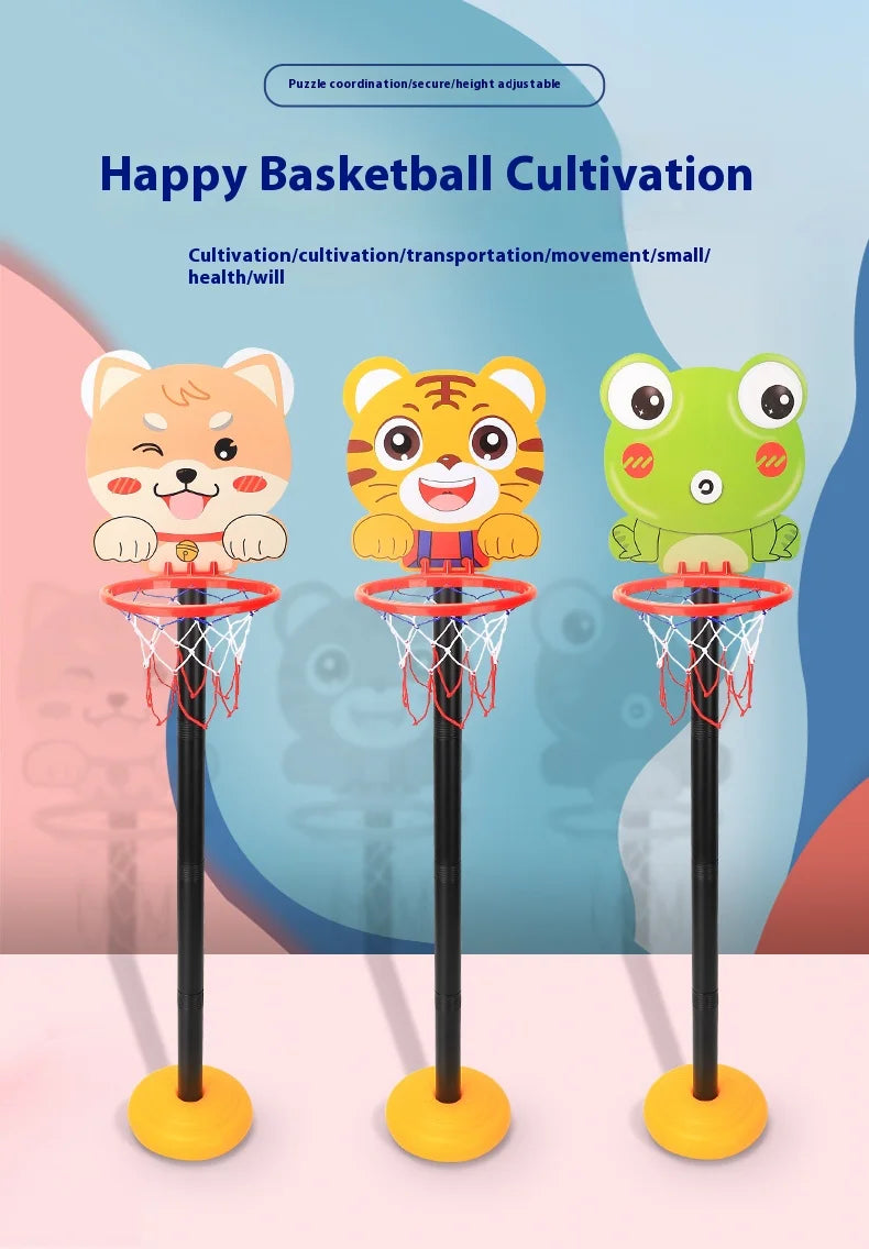 Three colorful cartoon-themed basketball hoops for children with adjustable height and cord.