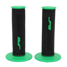 A pair of black aluminum motorcycle handlebar grips with bright green rubber coating.