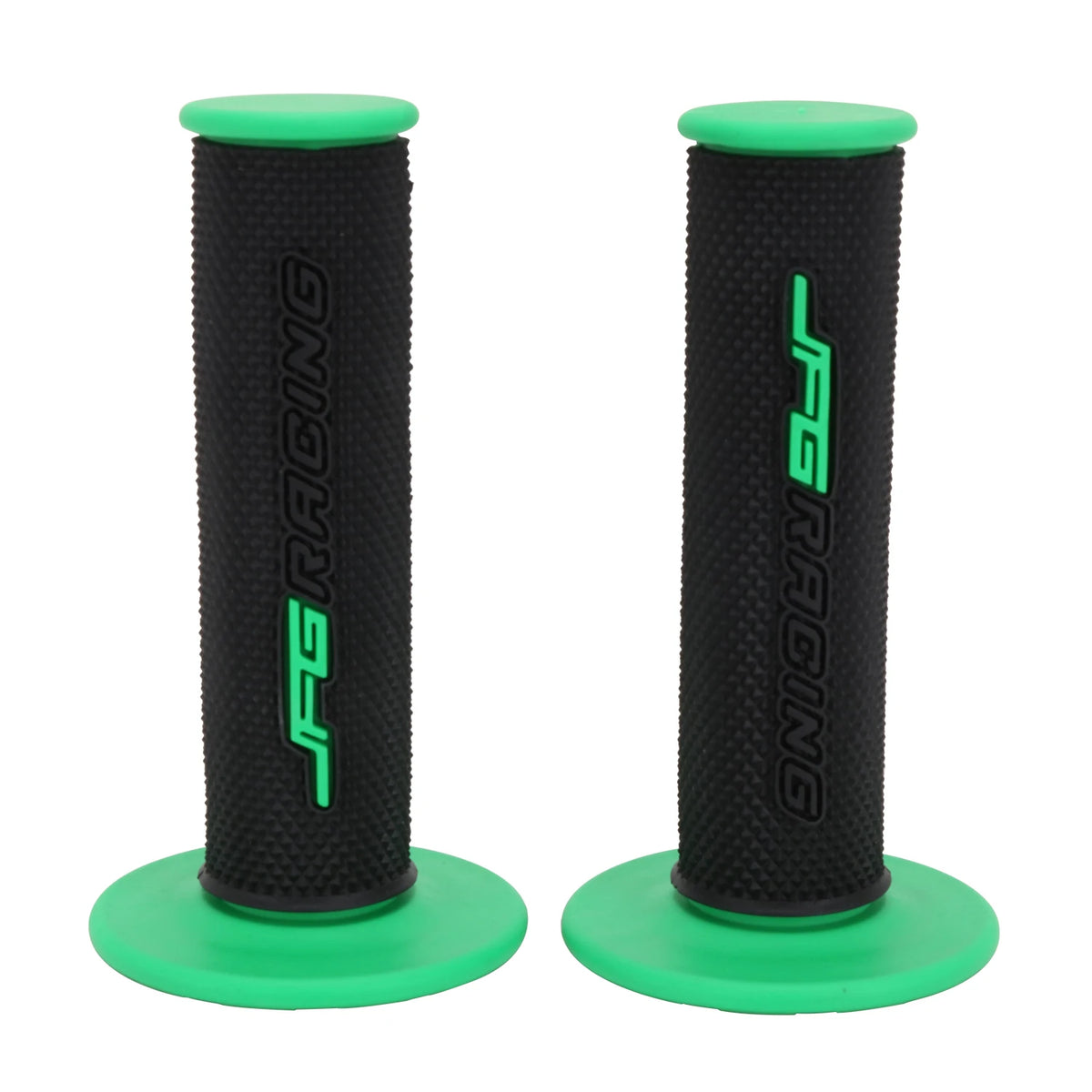 A pair of black aluminum motorcycle handlebar grips with bright green rubber coating.