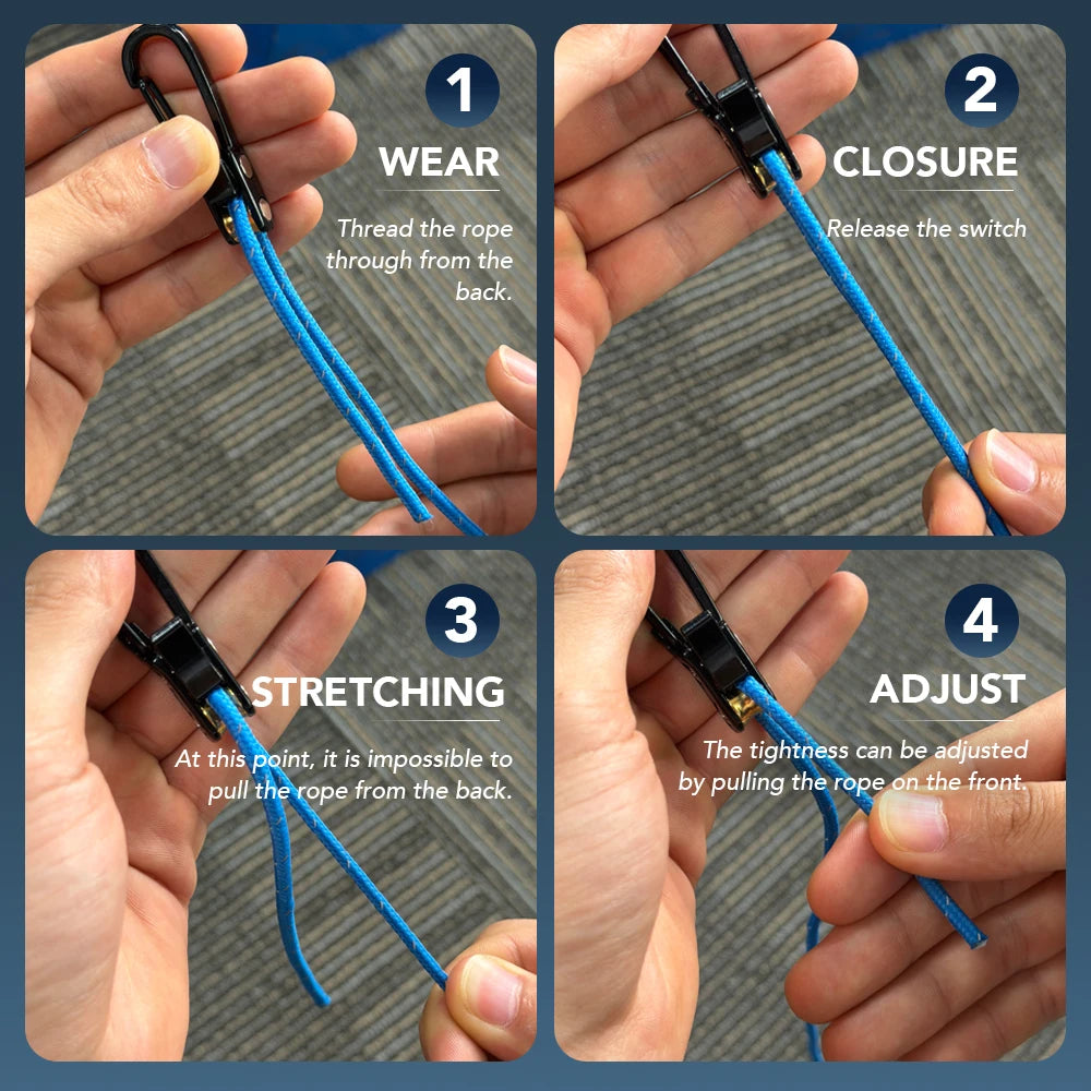 Four steps showing how to wear, close, stretch, and adjust a heavy-duty paracord tensioner with alloy carabiners.