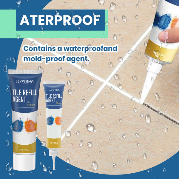 A bottle of Jaysuing Tile Refill Agent is shown with water droplets on a light-colored surface.