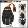 Black ToughBuilt TB-CT-34 electrician tool pouch with belt clip and kickstand shown in various angles.