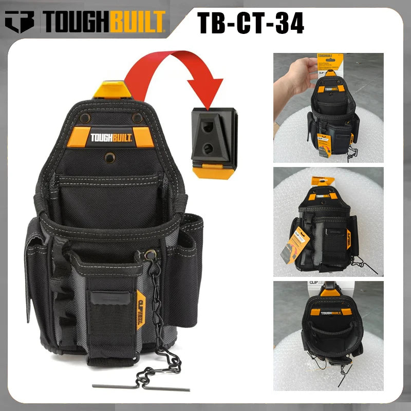 Black ToughBuilt TB-CT-34 electrician tool pouch with belt clip and kickstand shown in various angles.