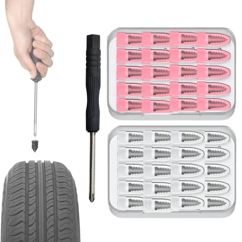 Kit de réparation de crevaison avec outil manuel et tubes de rechange, emballage rose et argent.